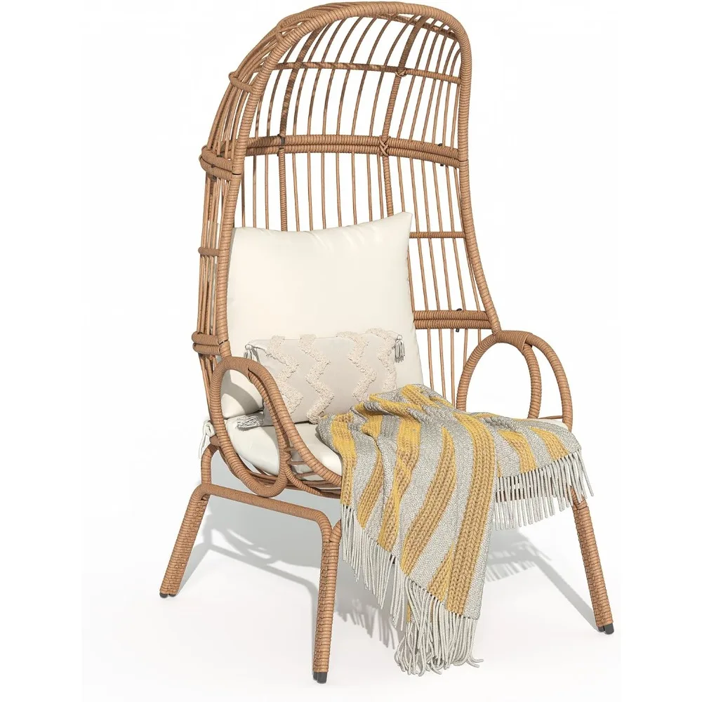 Outdoor Narrow Egg Chair Wicker, Patio Rattan Basket with 370lbs Capacity Indoor Egg Chairs with Stand & Cushion Cocoon Beige