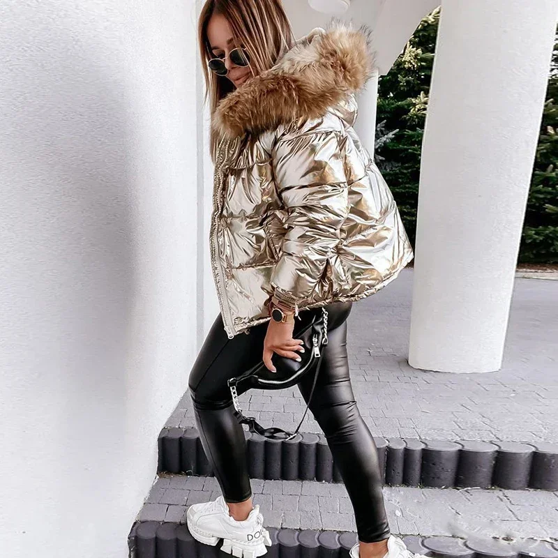 Women Solid Shiny PU Jackets 2023 Winter Fashion Big Fur Collar Hooded Down Cotton Coats Ladies Casual Thick Warm Zipper Parkas