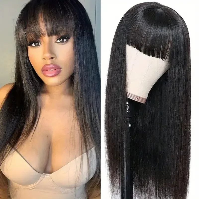 

With Bangs Human Hair Wig Natural Brown Color Straight Wigs Human Hair Wig Without Glue Full Machine Made Fringe Glueless Wig