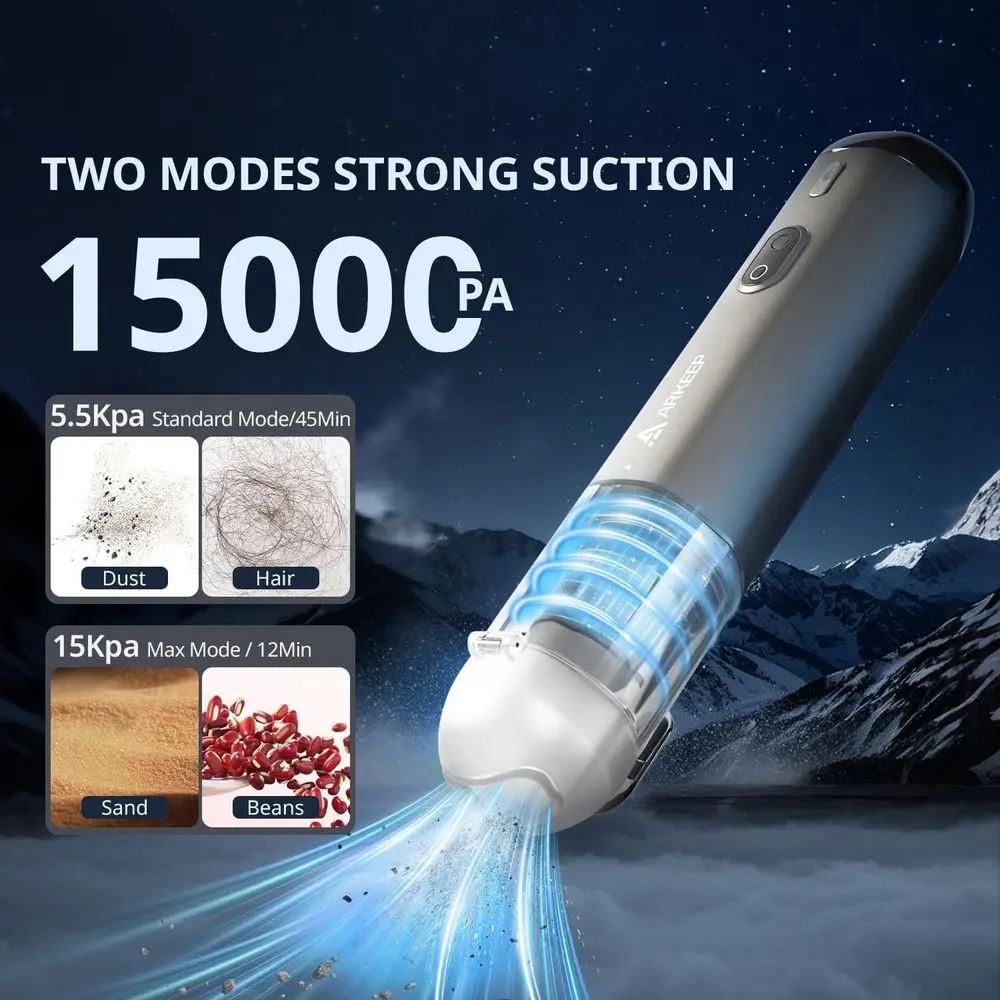 Aspirapolvere portatile senza fili 15KPa con filtro HEPA, 2 modalità, ricarica di tipo C, leggero per casa, auto, ufficio (grigio scuro)