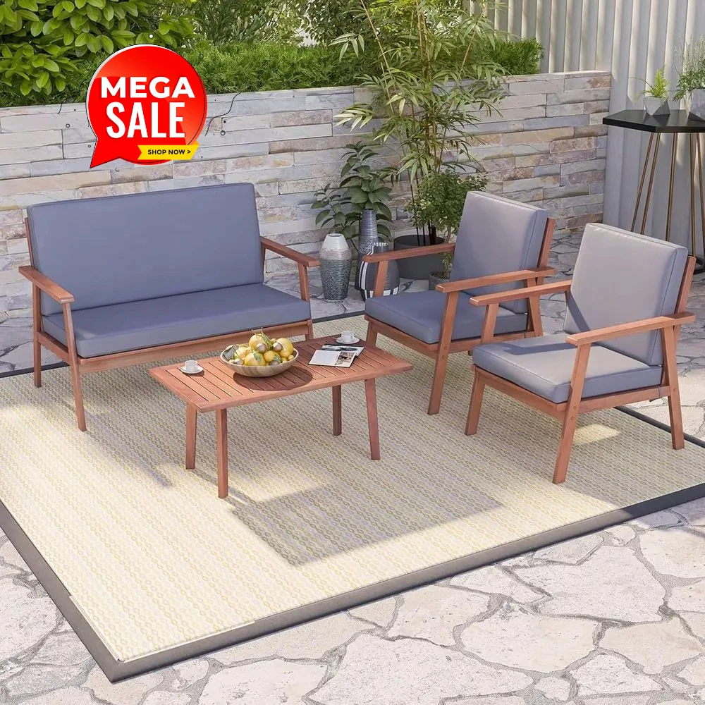 

Набор уличной мебели из акации с сиденьями и подушками для спины, серый журнальный столик, идеально подходит для патио, заднего двора и сада.