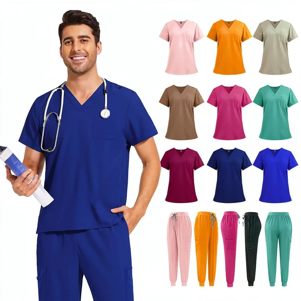 Unisex Medical Scrub Set For Niaahinn V Neck Short Sleeve Nursing Uniform Breathable Comfortable Hospital Work Wear With Cap
