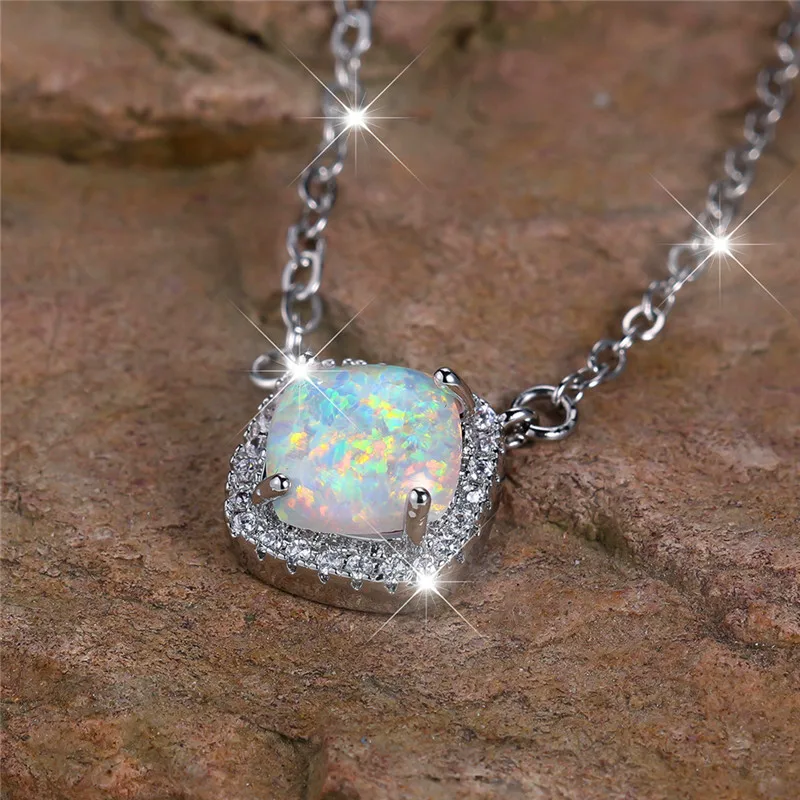 Charm Female White Opal Stone Pendant Necklace Vintage Silver Color Wedding Jewelry Gift For Women