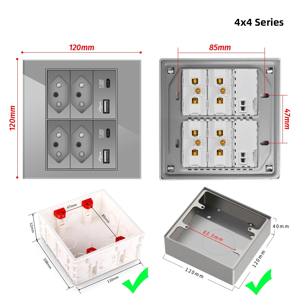 Shawader 4x4 Fireproof Glass Panel Brazil Standard Outlet Double USB Type C Wall Power Socket Light Switch Office Grey 10A 20A