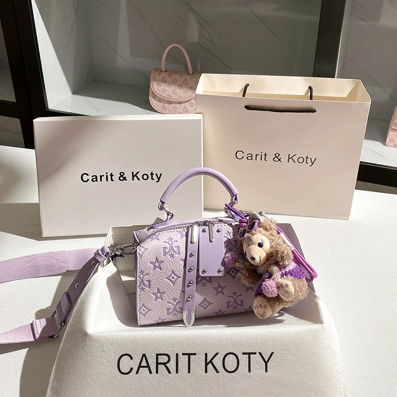 

Purple niche embossed Boston bag, high-end handbag pillow bag