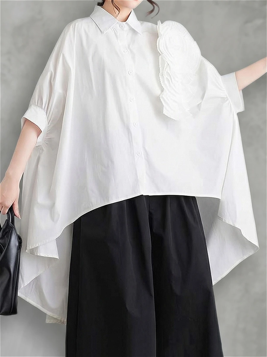 

Krisstargirls 2026 New Women 3D Flower Loose Lapel Blouse High Low Hem Half Sleeve Casual Tops Women's T-Shirts And Polos