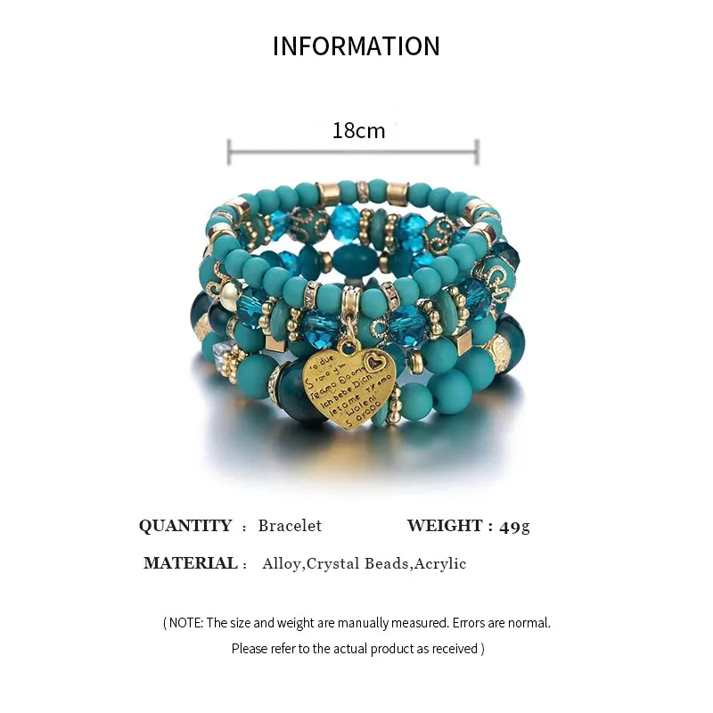 4pcs/set Boho Strand Bracelets For Women Crystal Beads Bracelets Heart Letter Elastic Bangles Wristband Yoga Jewelry Gifts A-