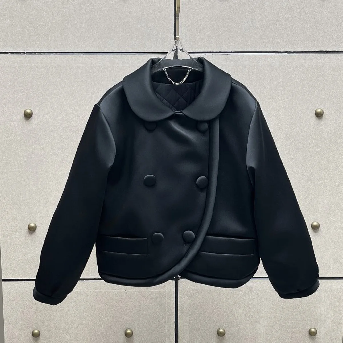 High Quality Women Peter Pan Collar Cropped Padded Jacket, Double Breasted Asymmetric Placket, Winter Warm Coat