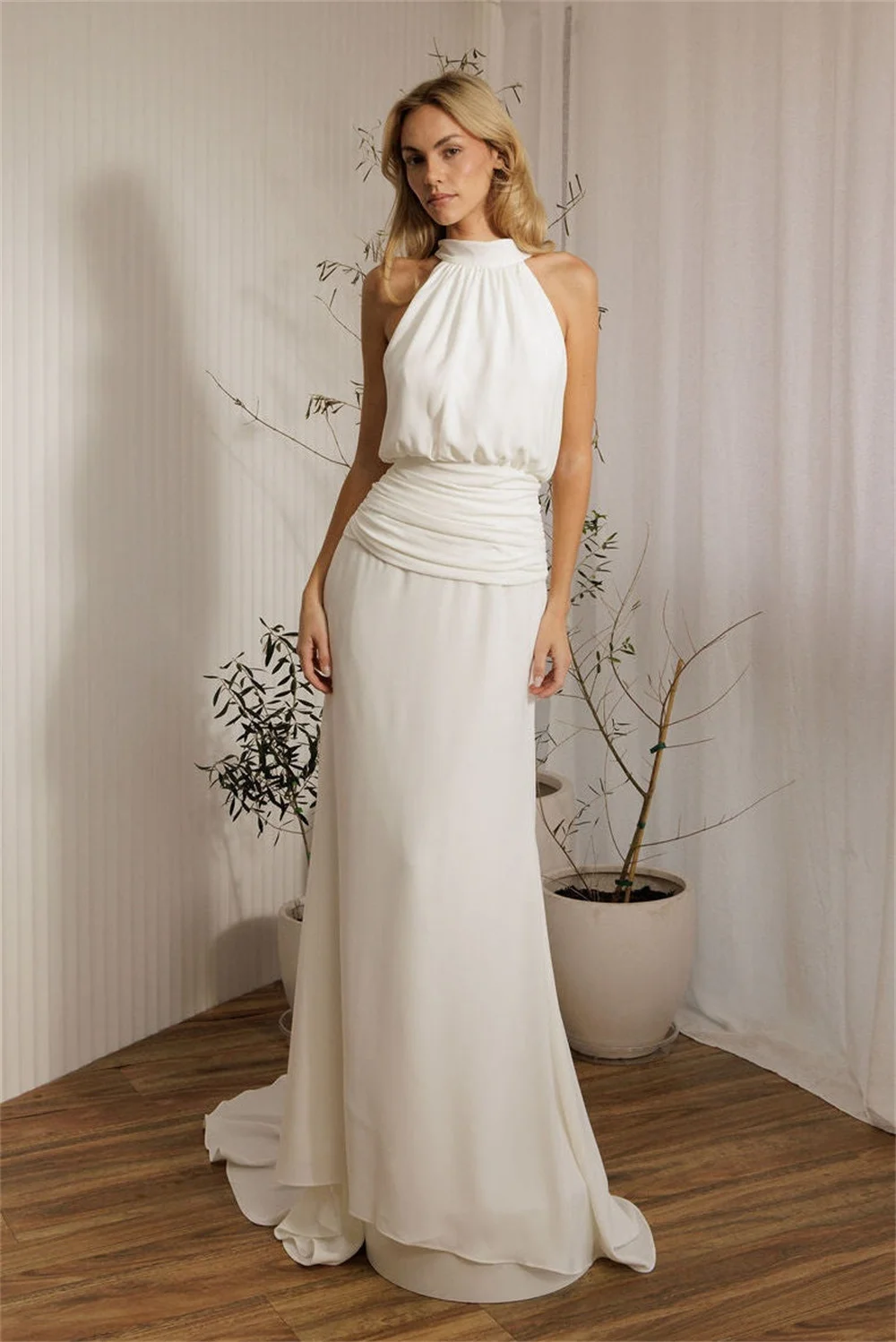 Tokyo Halter Neck Elegant Sleeveless Wedding Dress Ruched High Waist Silk Backless Evening Gown Flowy White Formal Party Dress