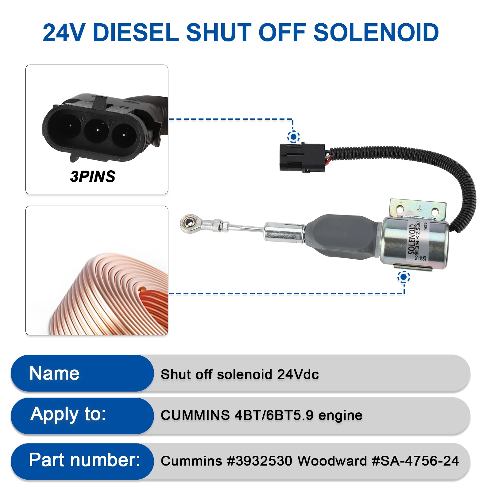 3932529  3930658 Fuel Shut Off Solenoid SA-4756-24 J932529 for Cummins Engine 4BT 5.9L, 6BT 5.9L Hyundai R130 R170 Case IH 24VDC