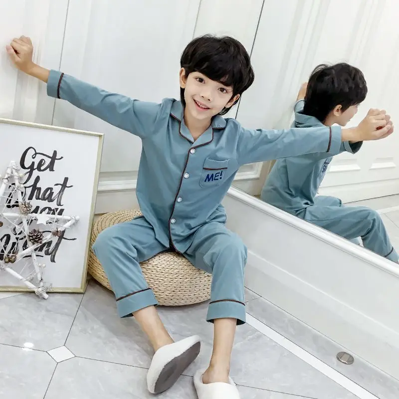 New Spring Autumn Boys' Collared Long Sleeve Pajamas Loose Fit Kids' Homewear Set Big Kids Cooling Air Conditioned Wear