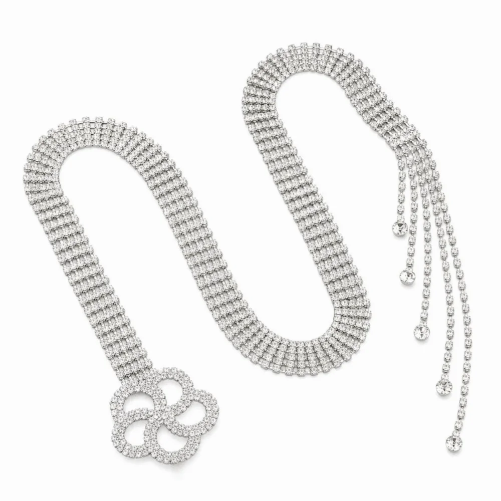 Sparkle Crystal Waist Belt Silver Color Flower Buckle/O-Ring Full Diamond Belt Adjustable Chain Rhinestone Chain Belt Party Wear