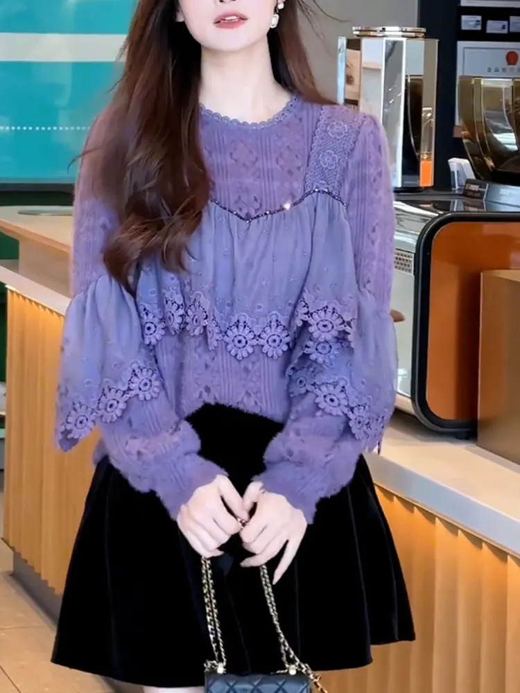 

Spring Autumn 2024 Faionable Sweet Purple Hollow out round Ne Long Sve Lace Top Women's Clothing Versatile Sli Mer...