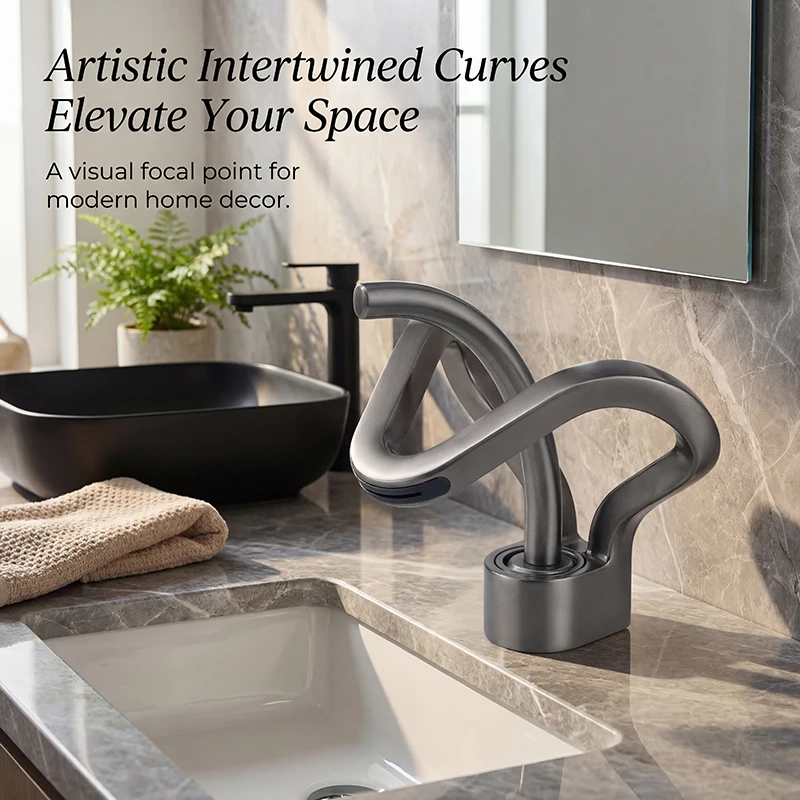 

Gun gray bathroom basin faucet, solid brass unique artistic nozzle single handle basin faucet, deck mounted hot and cold water b