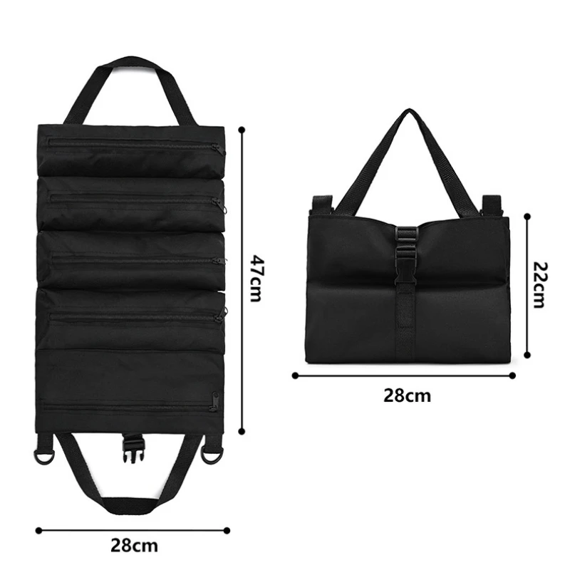 Heavy Duty Tool Roll Up Bag with 5 Zipper Pockets Multifunctional Wrench Roll Pouch Canvas Tool Organizer Car Back Seat Hanging