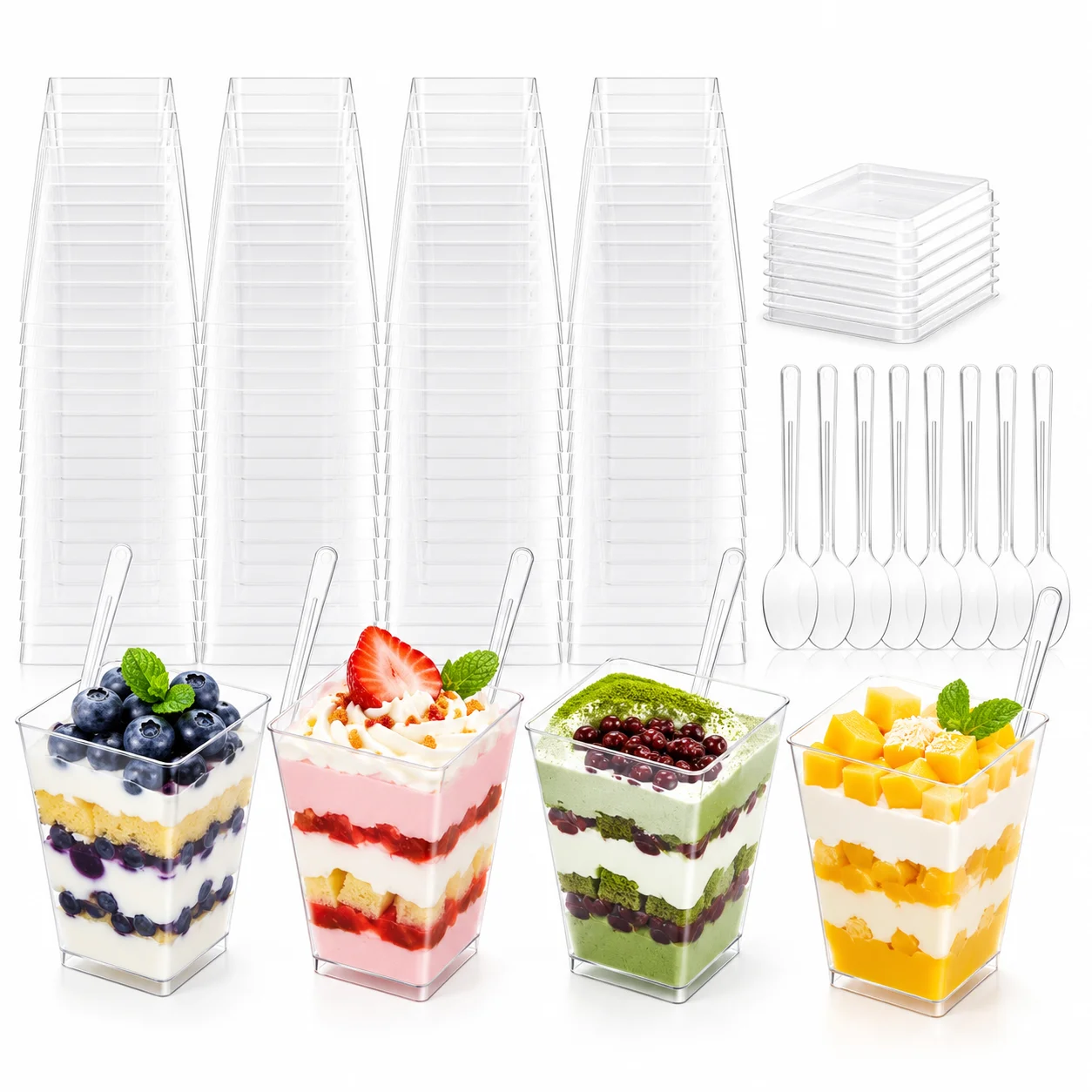 50SET 150ml Square Clear Plastic Parfait Cups With Matching Lids And Spoons,Mini Dessert Serving Bowls For Individual Portion Of Pudding,Mousse,Ice Cream,Yogurt,Cheesecake,Fruit Cups,Ideal For Wedding Reception,Birthday,Halloween,Holiday Gathering,Buffet