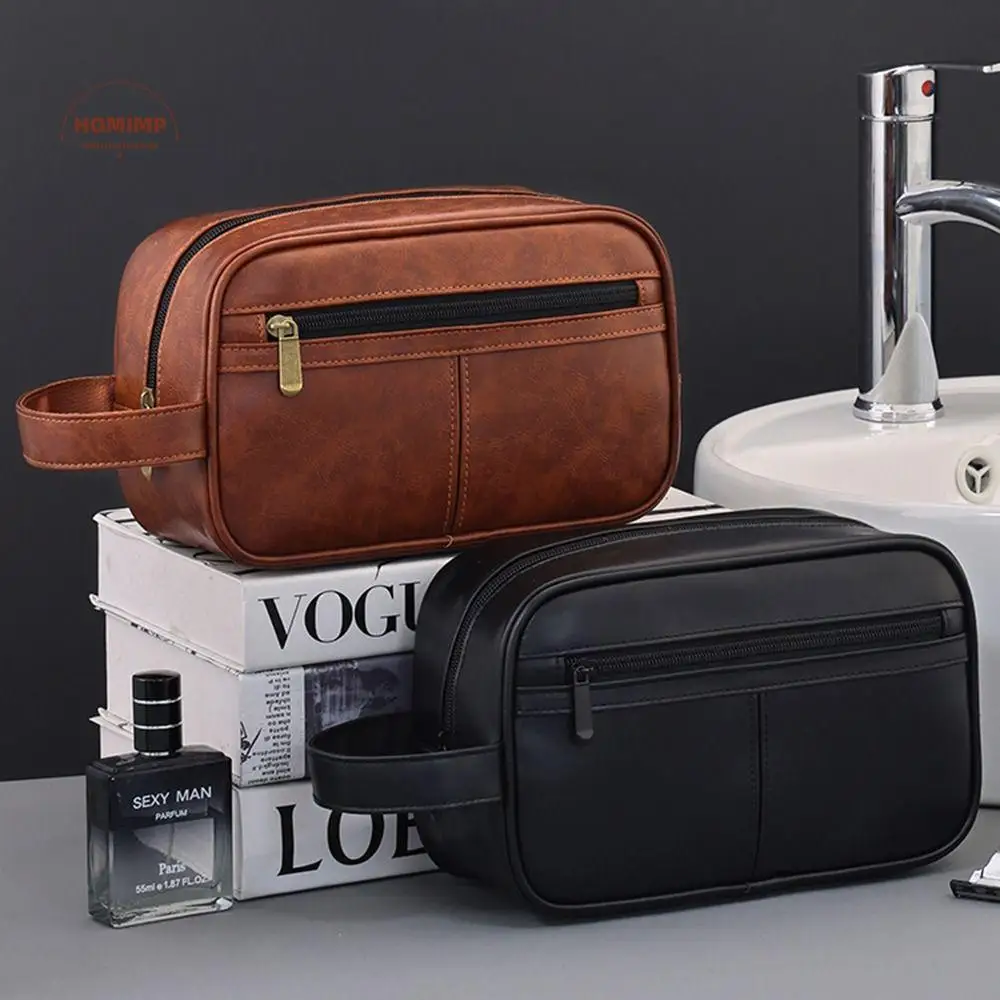 

Retro Men Leather Wash Bag Multi Pocket Handheld Cosmetic Storage Bag Zipper Large Capacity Travel Toiletry Bag Travel