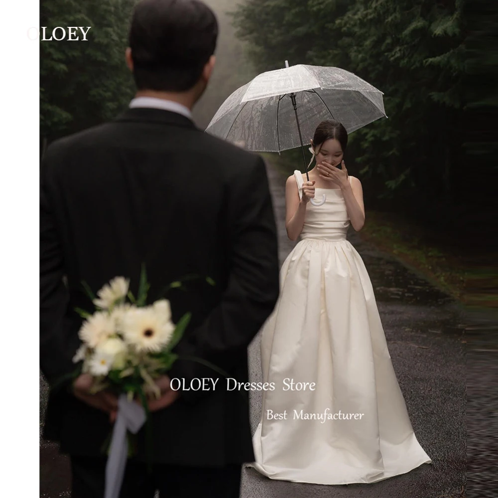 

OLOEY Ivory Korea Satin A Line Wedding Dresses Photoshoot Straps Corset Back Floor Length Bridal Gowns Custom Made 2024