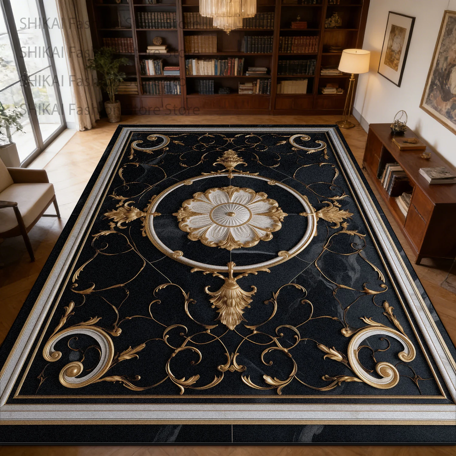 Black French Rococo Retro Style Living Room Rug Home Decoration Luxury Easy Clean Soft Carpet Big Size Non-slip Fluffy Foot Mats