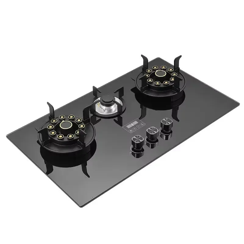 Modern three-port gas stove, embedded, tempered glass panel, stainless steel roof, flameout protection, suitable for home use