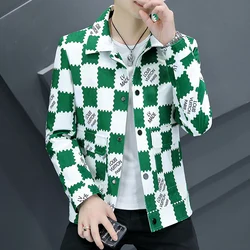 Spring Autumn Men's Lapel New Corduroy Jacket check pattern Fit Coat Streetwear Men FashionColor Block  Jacket