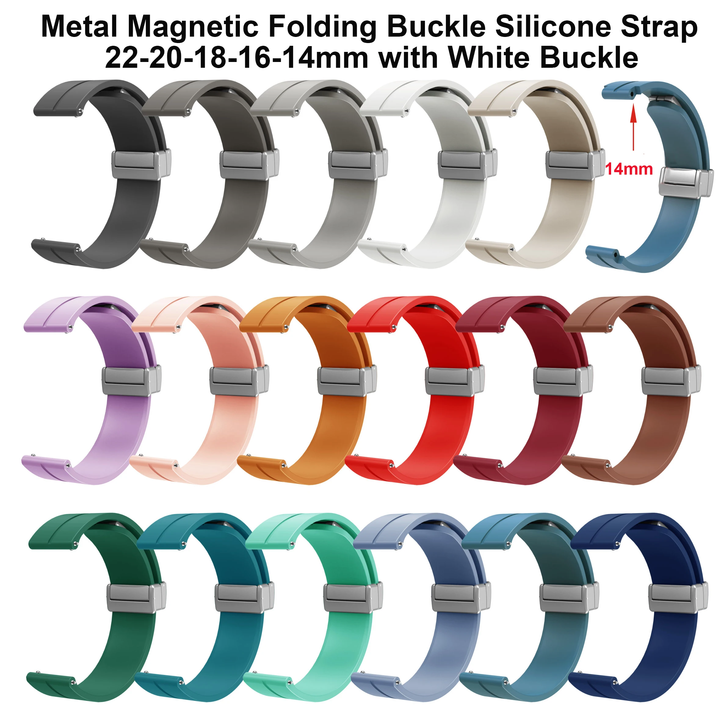 Ремешок для часов 14 мм, 16 мм, 18 мм, 20 мм, 22 мм со складной магнитной пряжкой, быстросъемный качественный силиконовый регулируемый браслет унисекс