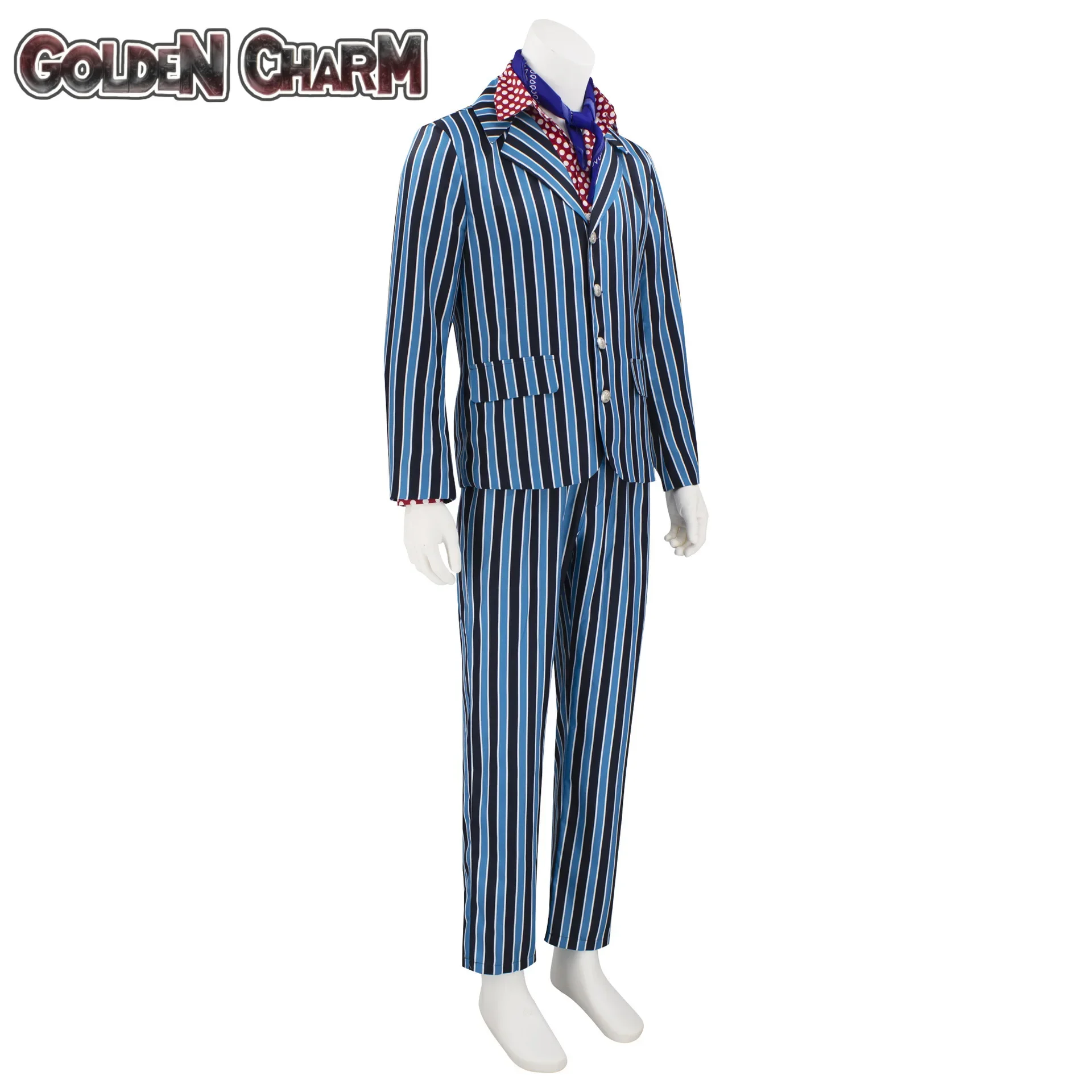 ภาพยนตร์ Austin Powers คอสเพลย์เครื่องแต่งกายชุดผู้ชาย Vintage 1980s แฟชั่นสีฟ้าและสีดําลายชุดเครื่องแต่งกายฮาโลวีน