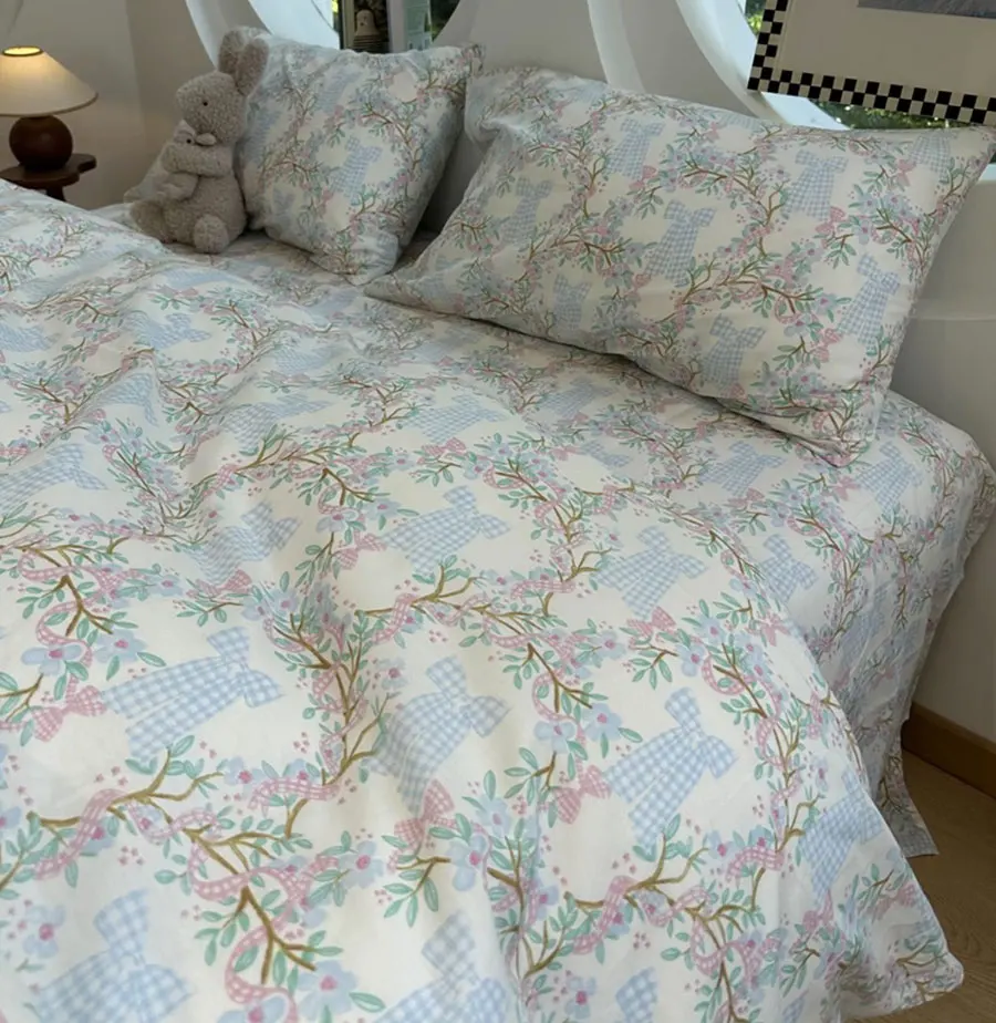 Cute fresh flower blue bow bedding set 1.2 1.5 1.8 2.0,twin full queen king cotton home textile bed sheet pillowcase quilt cover