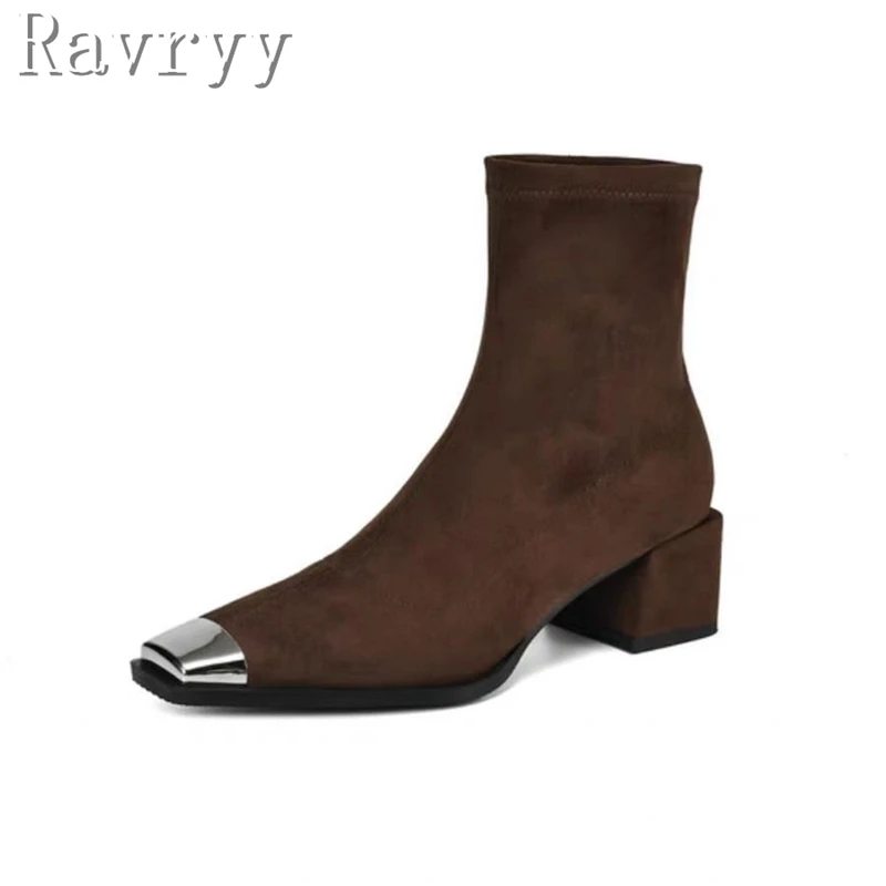 Brand Design Metal Square Toe Women Ankle Boots Chunky Heels Suede Elastic Slim Boots Elegant Ladies Party Dress Shoes