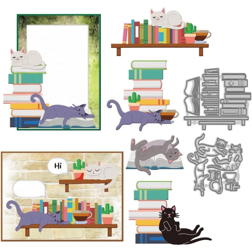 Cat Book Cutting Dies Lazily Cat Metal Die Cuts Bookshelves Coffee Catty Carbon Steel Cut Dies for DIY Album Craft Decoration