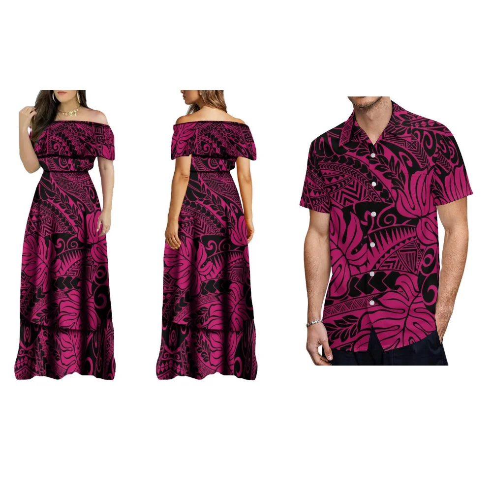 

Summer One-Line Neck Elegant Dress Loose Temperament Long Skirt Full Skirt Polynesian Women'S Dress Men'S Shirt Couple Suit