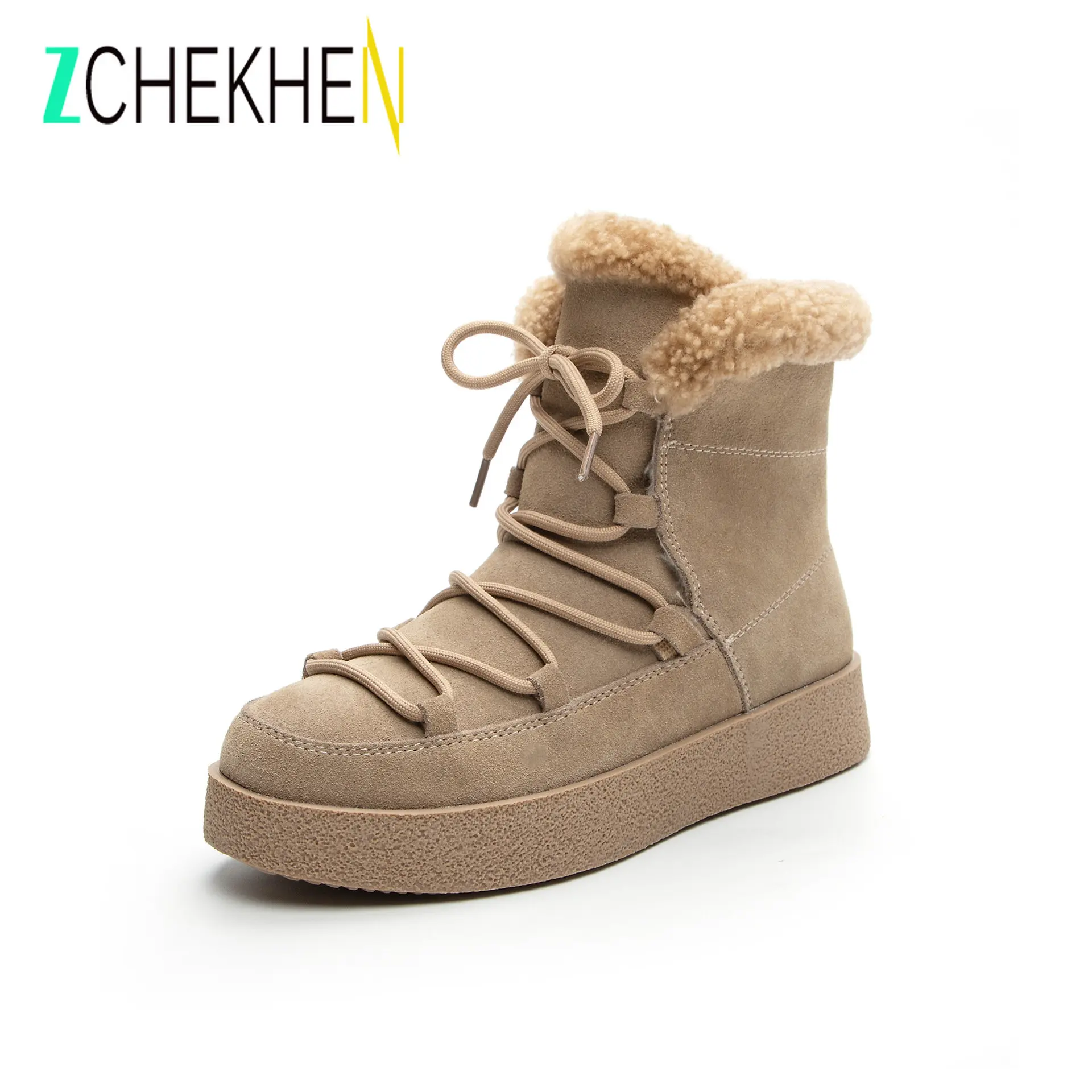 Women's  Suede Leather Snow Boots Warm Plush Thick Bottom Ankle Boots Wear-resistant Platform Casual Wither Women Shoes