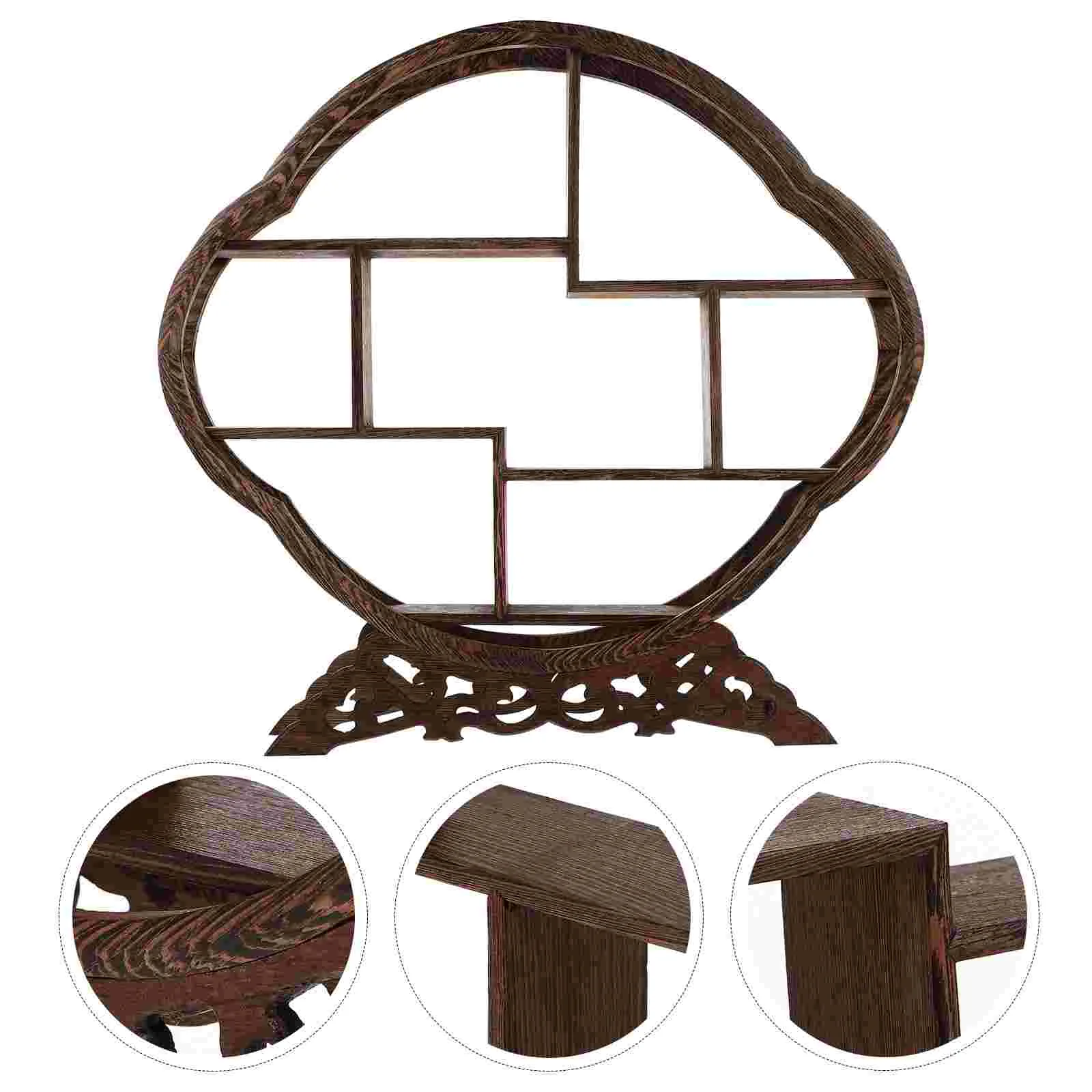 Rosewood Crafts Shelf 7 Compartment Traditional Chinese Rosewood Round Wooden Display Shelf for Tea Pots Crafts Figurines 1Pc (