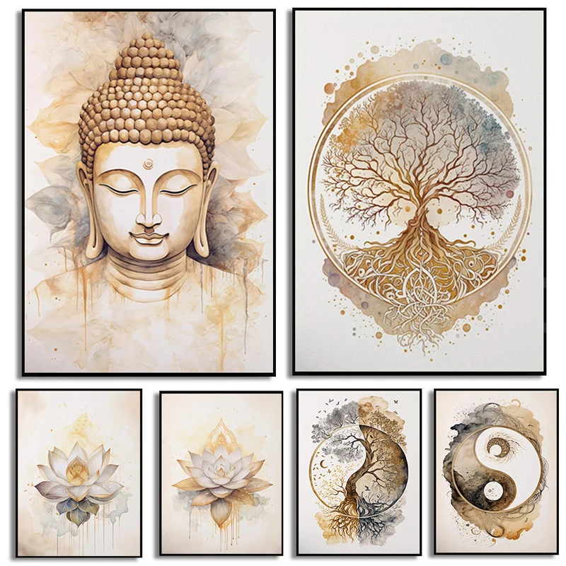 Watercolors Tree of Life & Buddha Canvas Prints Modern Buddhist Lotus & Tai Chi Yoga Wall Art Poster for Living Room Decor