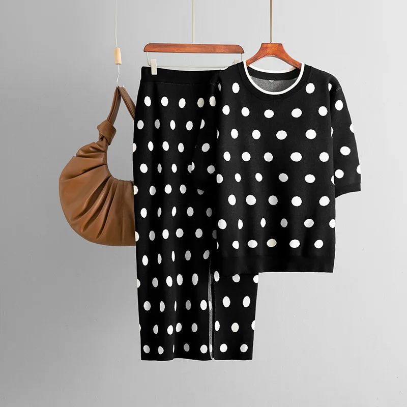 Polka Dot Design Knitted 2 Piece Sets Women O-neck Short Sleeve Pullover Tops Conjuntos Korean High Waist Skirts Knitwear Outfit