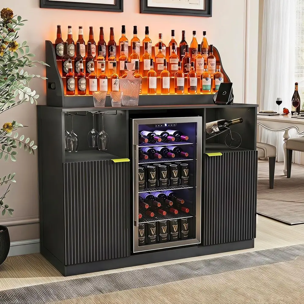 Wine Bar Cabinet with LED Lighted Liquor Bottle Display Shelf,Mini Fridge Cabinet with Storage and Power Outlet,Liquor Coffee B