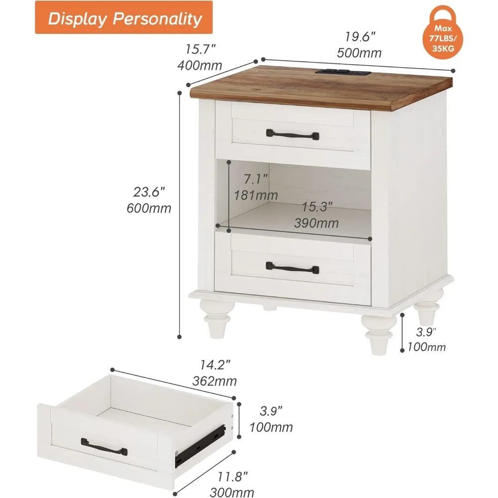 منضدة مع منفذ شحن، درج تخزين وأرجل خشبية، طراز ريفي