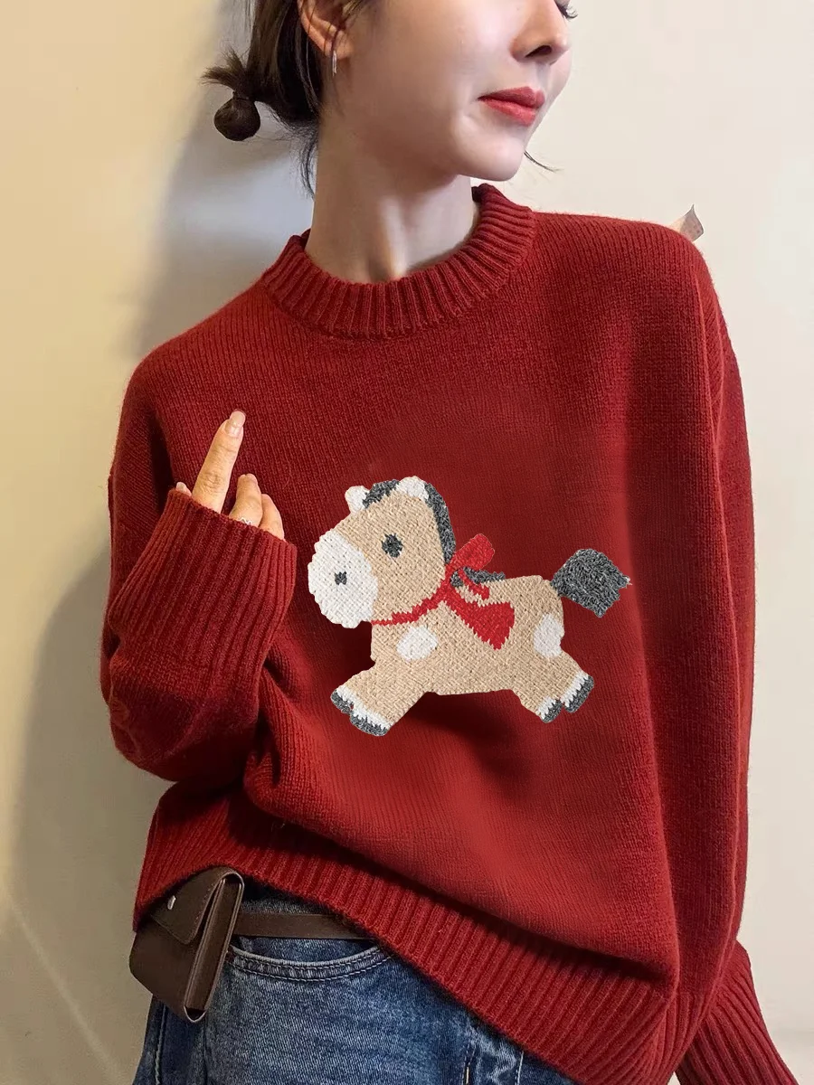 

Red Knitted Sweater Women's Early Spring New Sle Cute Print Loose round Ne Warm Top New Year Celebration Faionabl...
