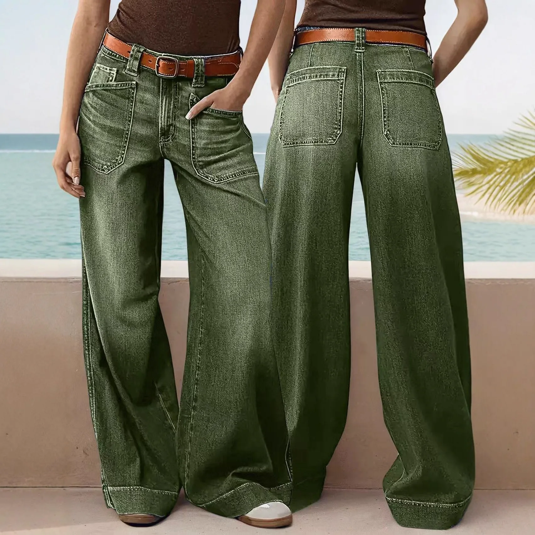 بنطال ذو قصة أرجل واسعة أمي جينز نسائي من قماش الدنيم المتعثرة منتصف الخصر تمتد جيوب مغسولة عتيقة Y2k ملابس الشارع الشهير طول الأرض #3