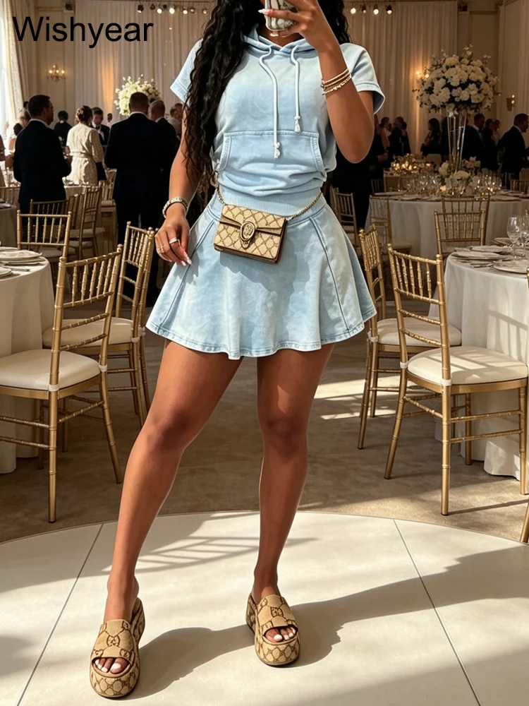 Women’s Casual Co-ord Set Short Sleeve Hooded Top and High Waist Flare Mini Skirt Versatile Summer Streetwear Outfit for Ladies