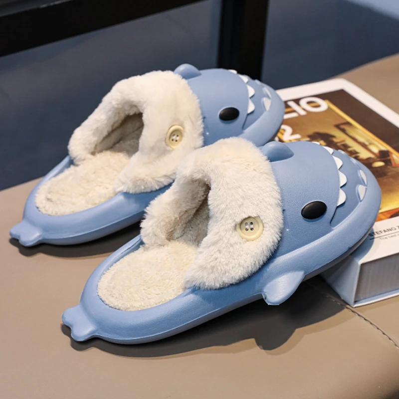 الشتاء الأزواج لطيف القرش النعال الكبار مضحك الحيوان الصنادل النساء محشوة الدافئة أفخم الصنادل داخلي المخملية الكرتون الطابق الأحذية