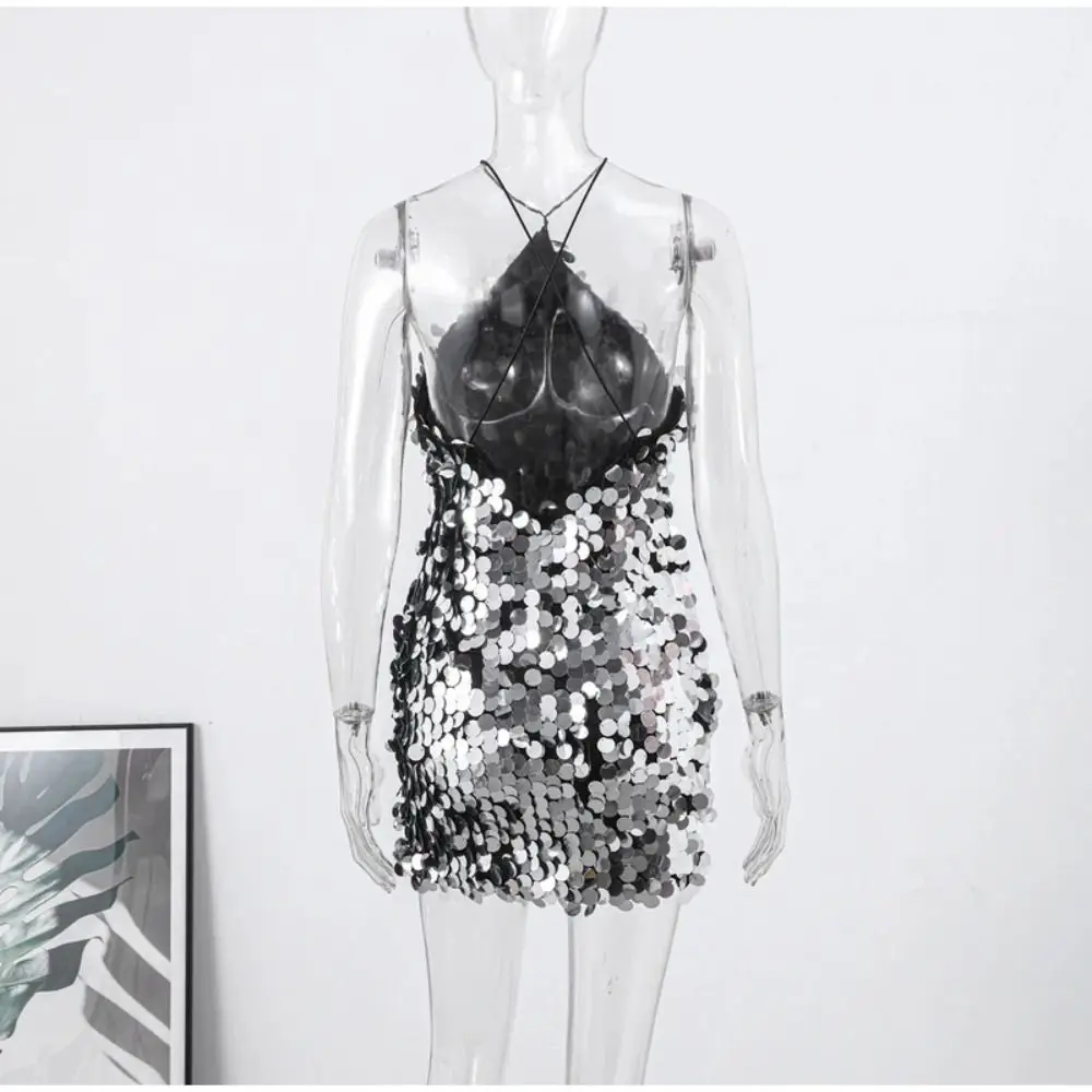 Vestido de festa sexy Halter Sequin, Slim Hip Sling, Vestido sem mangas, Moda Prata, Vestidos sem encosto, Primavera