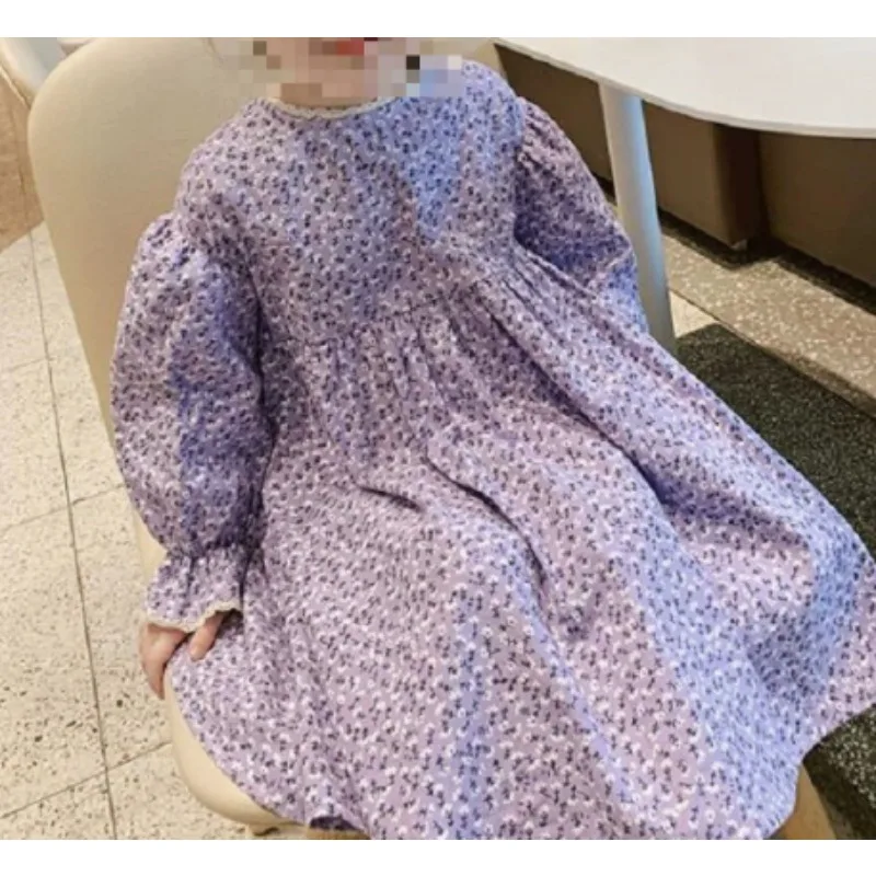 Girl's floral trumpet sleeve floral dress with lace apron, 2026 spring/summer/autumn new children's clothing