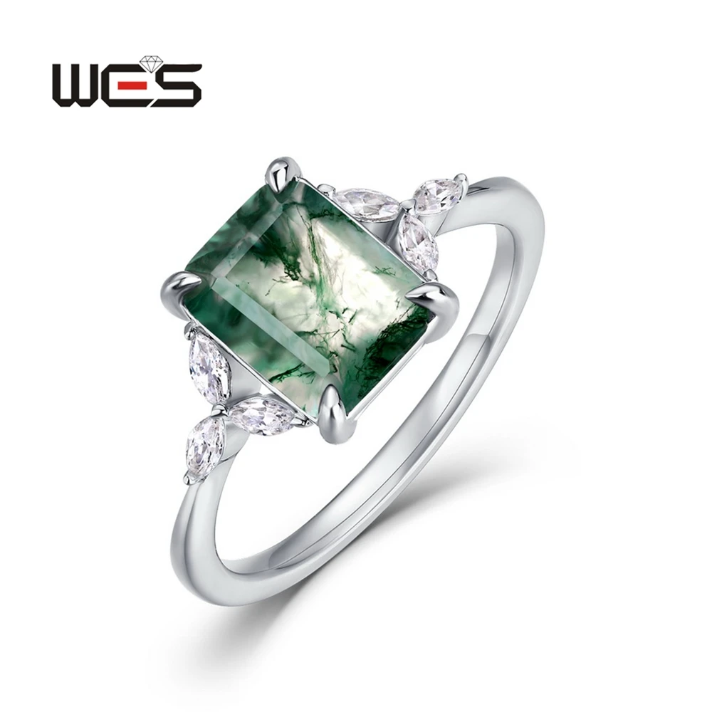 WES 925 Sterling Silver Branch Square Unique Natural 7*9mm Moss Agate Promise Rings for Woman Wedding Gift Wholesale Jewelry