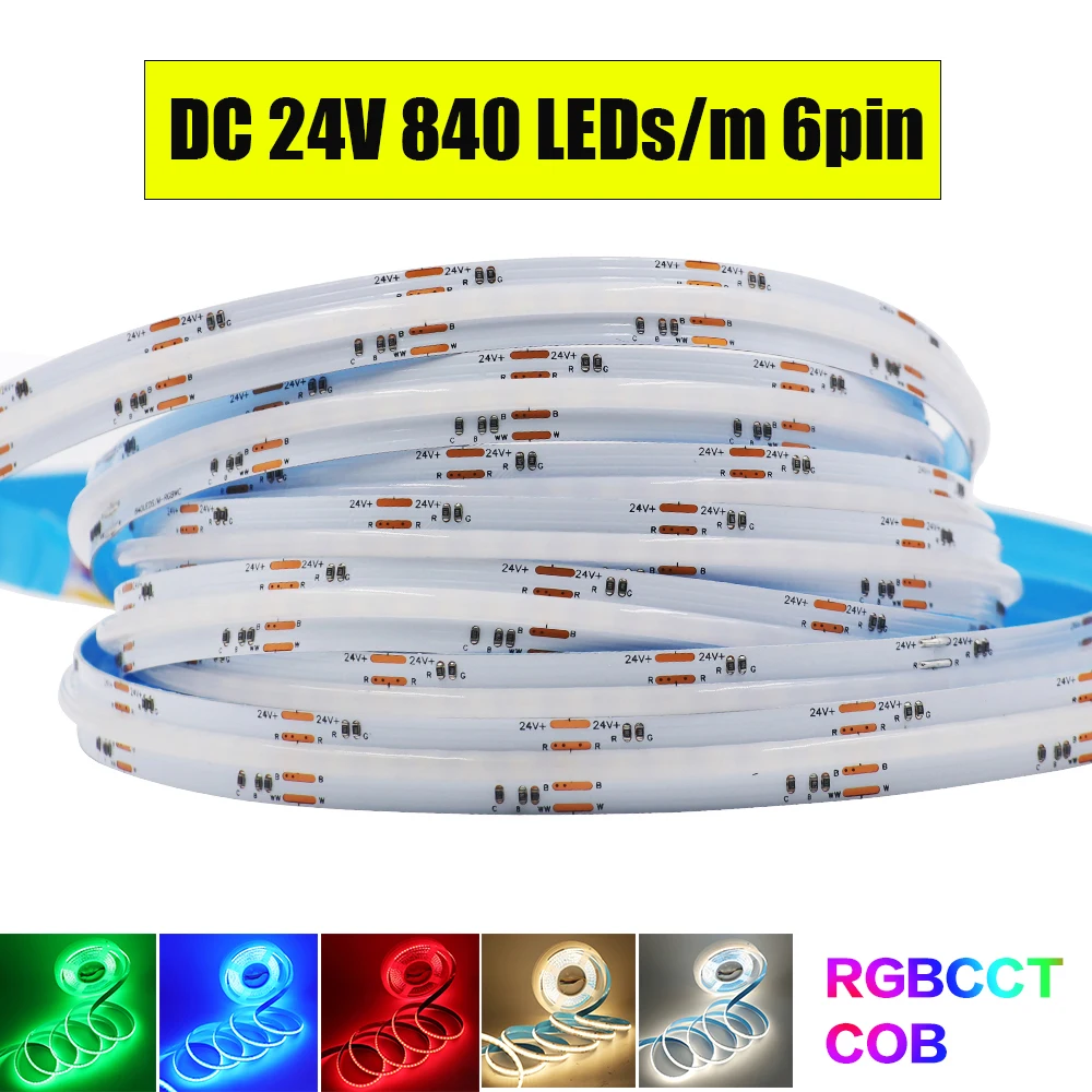 RGBCCT COB LED Strip Light 6pin 1m 2m 3m 4m 5m 24V Flexible High Bright Dotless Colorful Tape RA90 COB LED for Indoor Room Decor