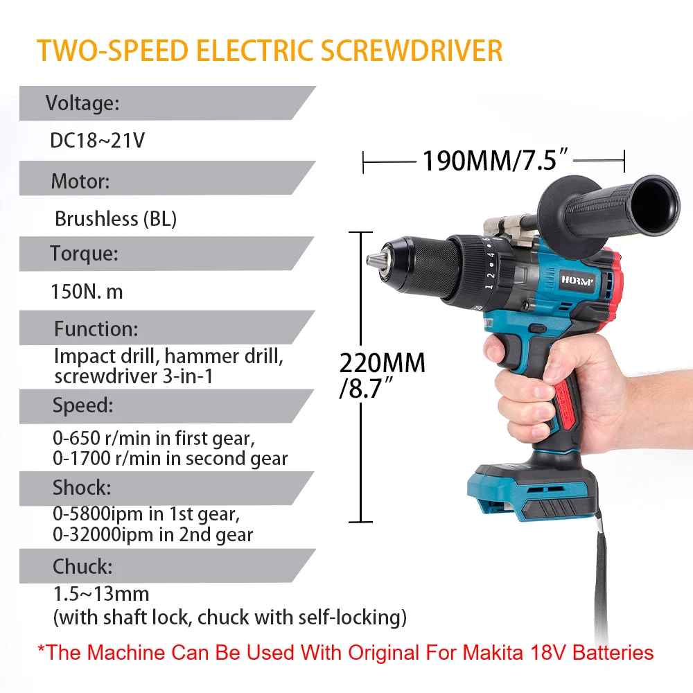 Hormy 150N. m Brushless Electric Impact Drill 18V High Torque 3In1 Charging Screwdriver 25 Speed Torque Adjustment Hammer Drill