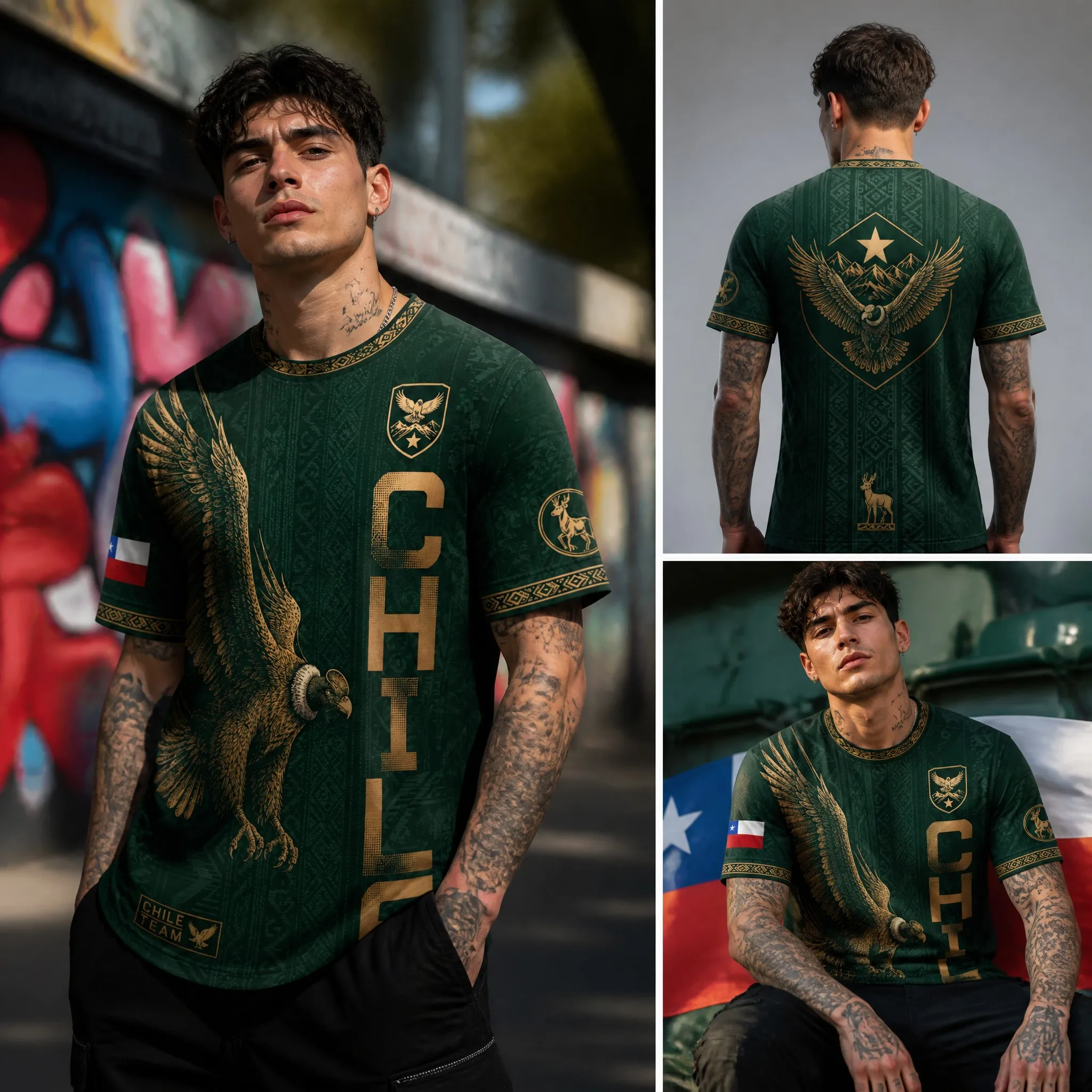 Mens Crew Neck T Shirt Chile Green Gold Eagle Deer Mountain Graphic Short Sleeve Casual Street Outdoor Team Style Top Wear Sport