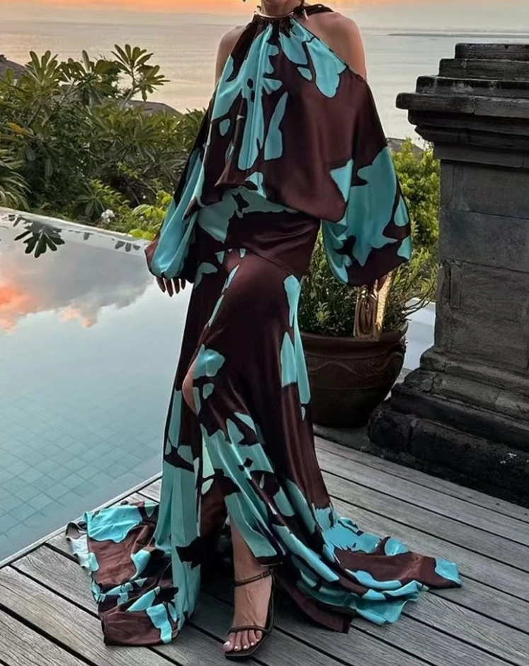 

Luxury Evening Dresses 2024 Vacation Style Elegant Socialite Printed Off Shoulder Slit Dress