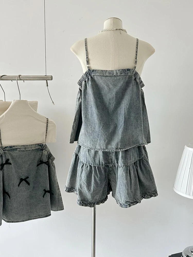 Summer Women Korean Fashion Vacation Hot Gyaru Rave Birthday 2000s Aesthetic Denim Outfits 2 Piece Set Bow Camisole + Mini Skirt