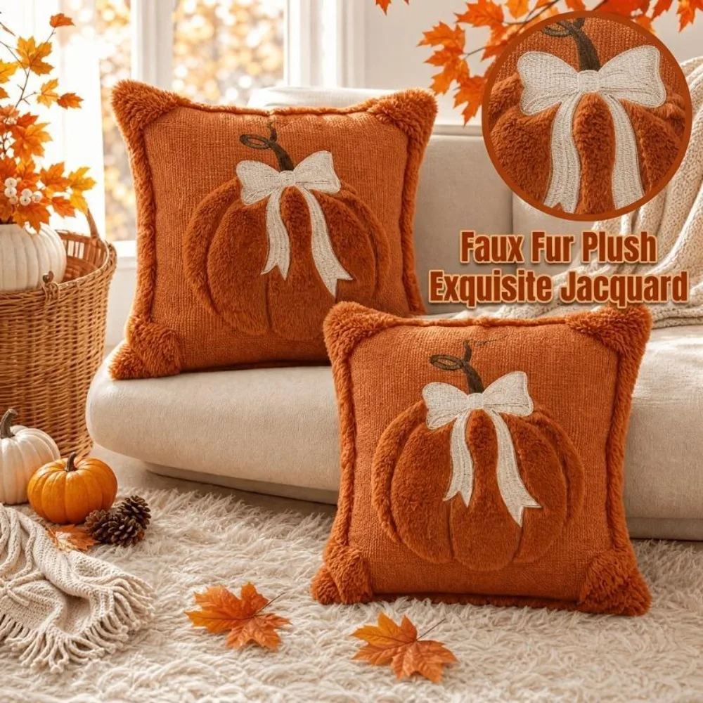 Halloween Thanksgiving Pillow Cover Pumpkin Bow Embroidery Plush Cushion Cover Sofa Bedroom Farmhouse Home Decor Pillow Cases